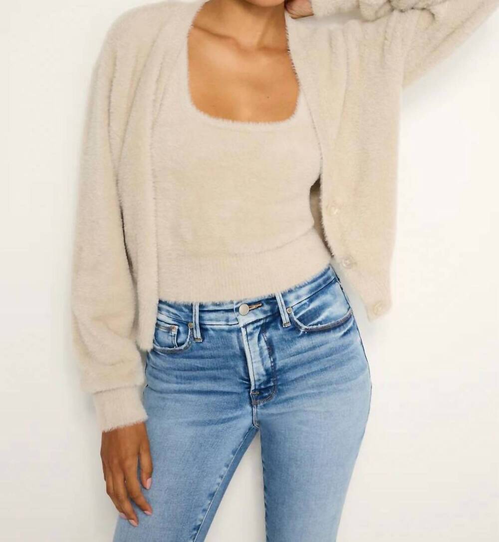 NEW GOOD AMERICAN fuzzy cardigan top in flax